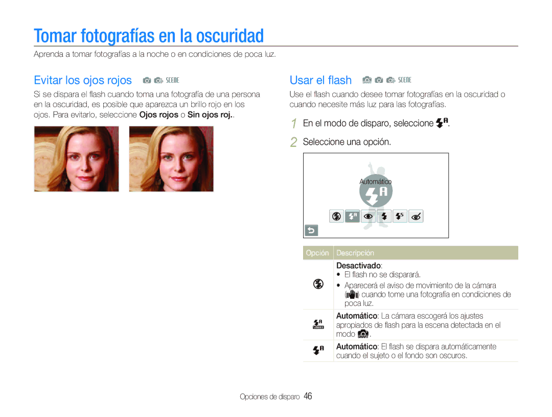 Samsung EC-ST1000BPGZA manual Tomar fotografías en la oscuridad, Evitar los ojos rojos a p s, Usar el ﬂash S a p s 