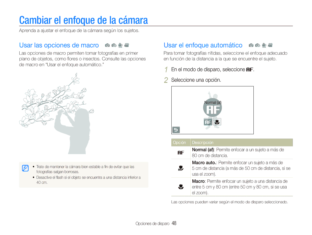 Samsung EC-ST1000BPSE3 Cambiar el enfoque de la cámara, Usar las opciones de macro a p d, Usar el enfoque automático a p d 