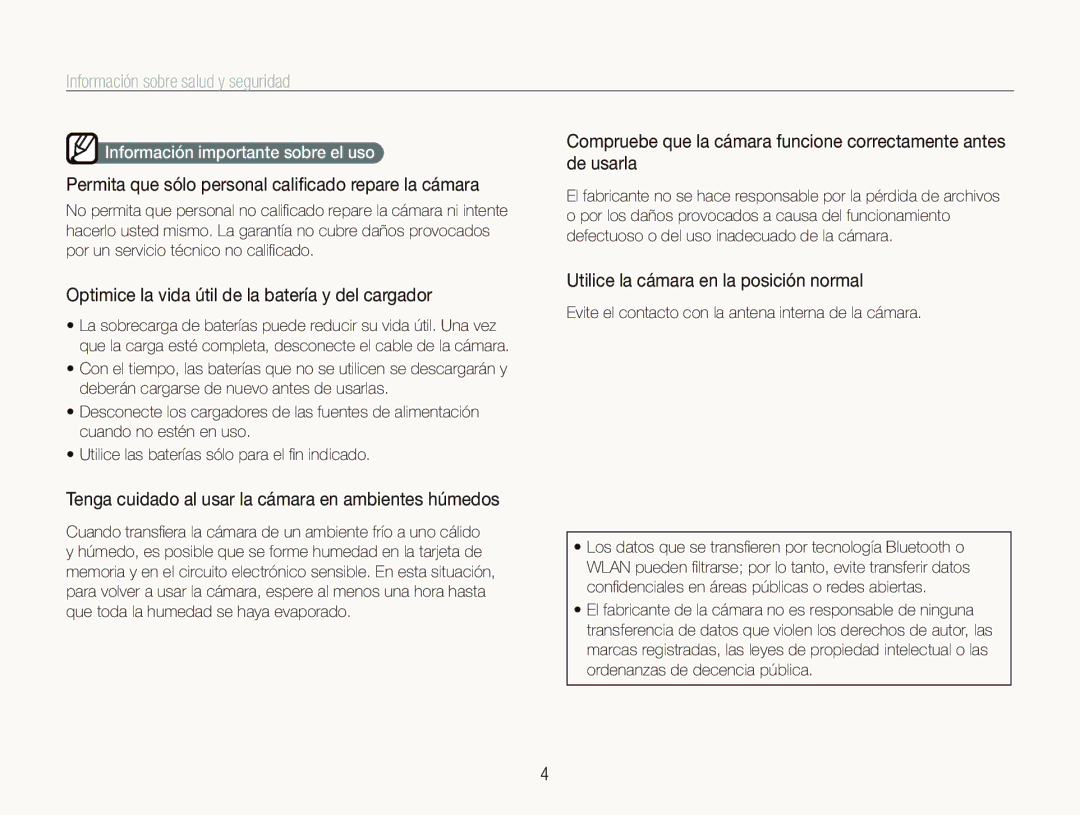 Samsung EC-ST1000BPGZA manual Permita que sólo personal caliﬁcado repare la cámara, Información importante sobre el uso 