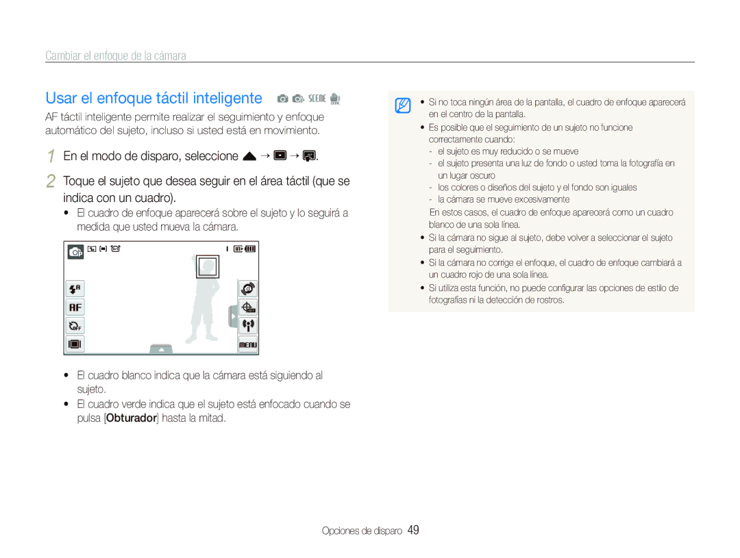 Samsung EC-ST1000BPGZA Usar el enfoque táctil inteligente a p s d, Cambiar el enfoque de la cámara, Indica con un cuadro 