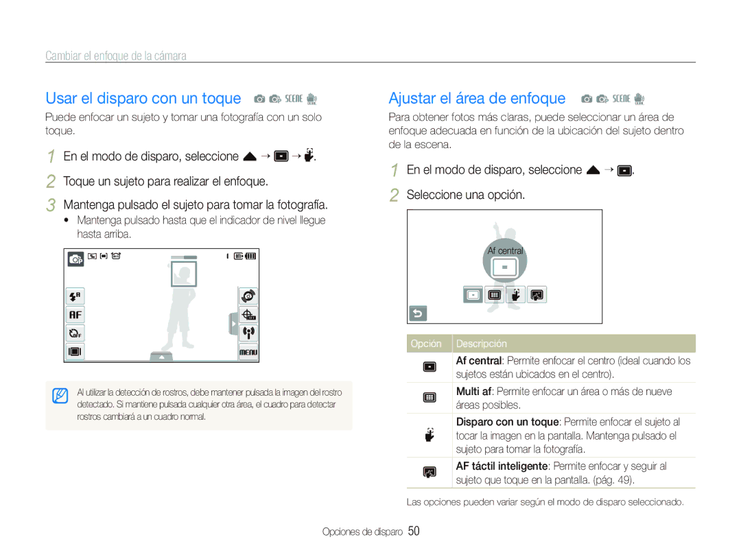 Samsung EC-ST1000BPBE1, EC-ST1000BPSE3 manual Usar el disparo con un toque a p s d, Ajustar el área de enfoque a p s d 