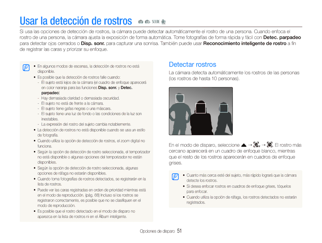 Samsung EC-ST1000BPSE3, EC-ST1000BPBE1, EC-ST1000BPGZA manual Usar la detección de rostros a p s d, Detectar rostros 