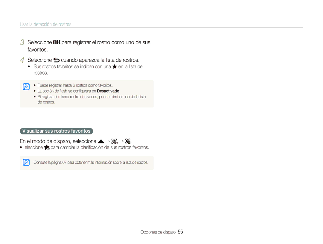Samsung EC-ST1000BPGZA, EC-ST1000BPBE1 manual En el modo de disparo, seleccione f “ “, Visualizar sus rostros favoritos 