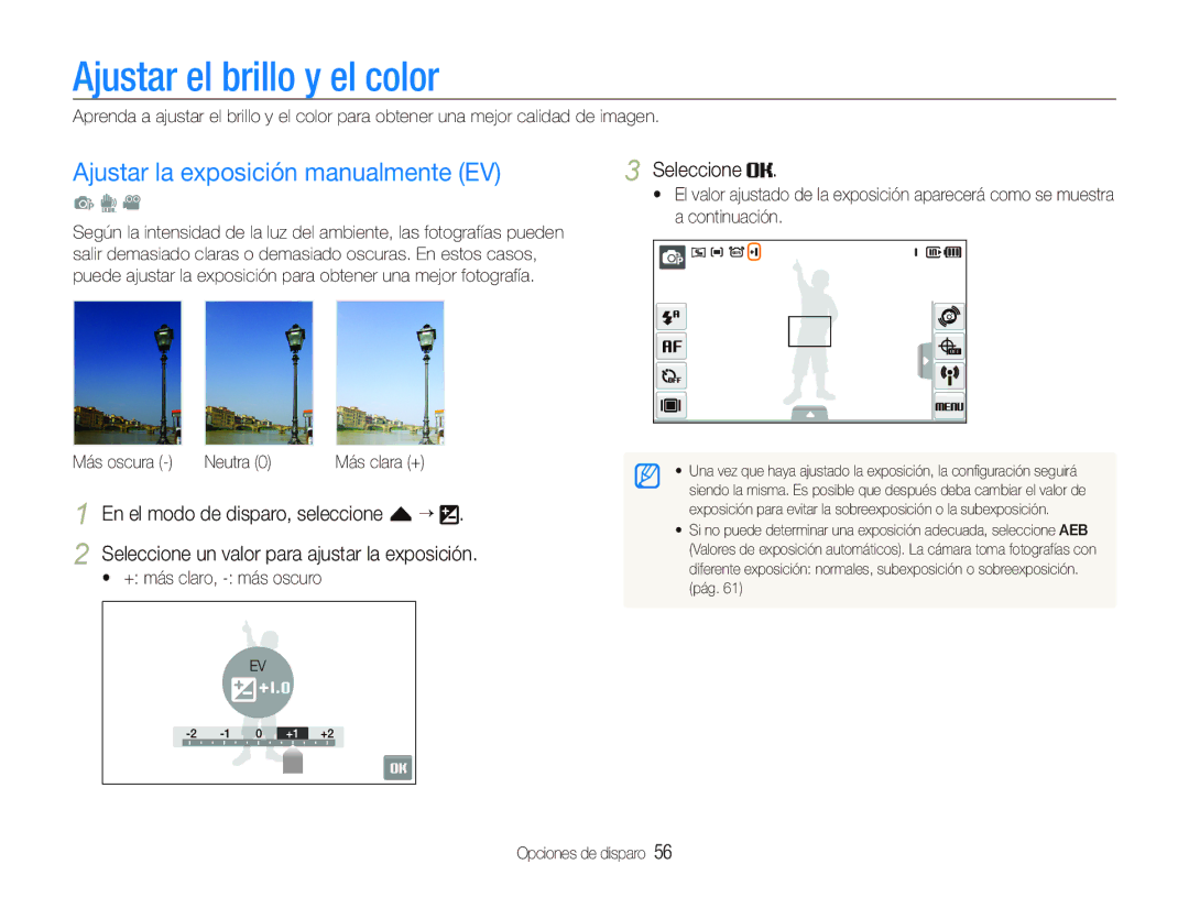 Samsung EC-ST1000BPBE1 Ajustar el brillo y el color, Ajustar la exposición manualmente EV, Más oscura Neutra 0 Más clara + 