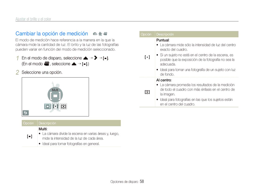 Samsung EC-ST1000BPGZA manual Cambiar la opción de medición p d, En el modo v, seleccione f “ Seleccione una opción, Multi 