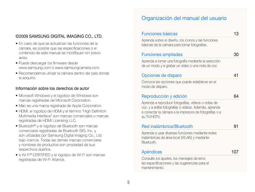 Samsung EC-ST1000BPBE1, EC-ST1000BPSE3 Organización del manual del usuario, Información sobre los derechos de autor, 107 