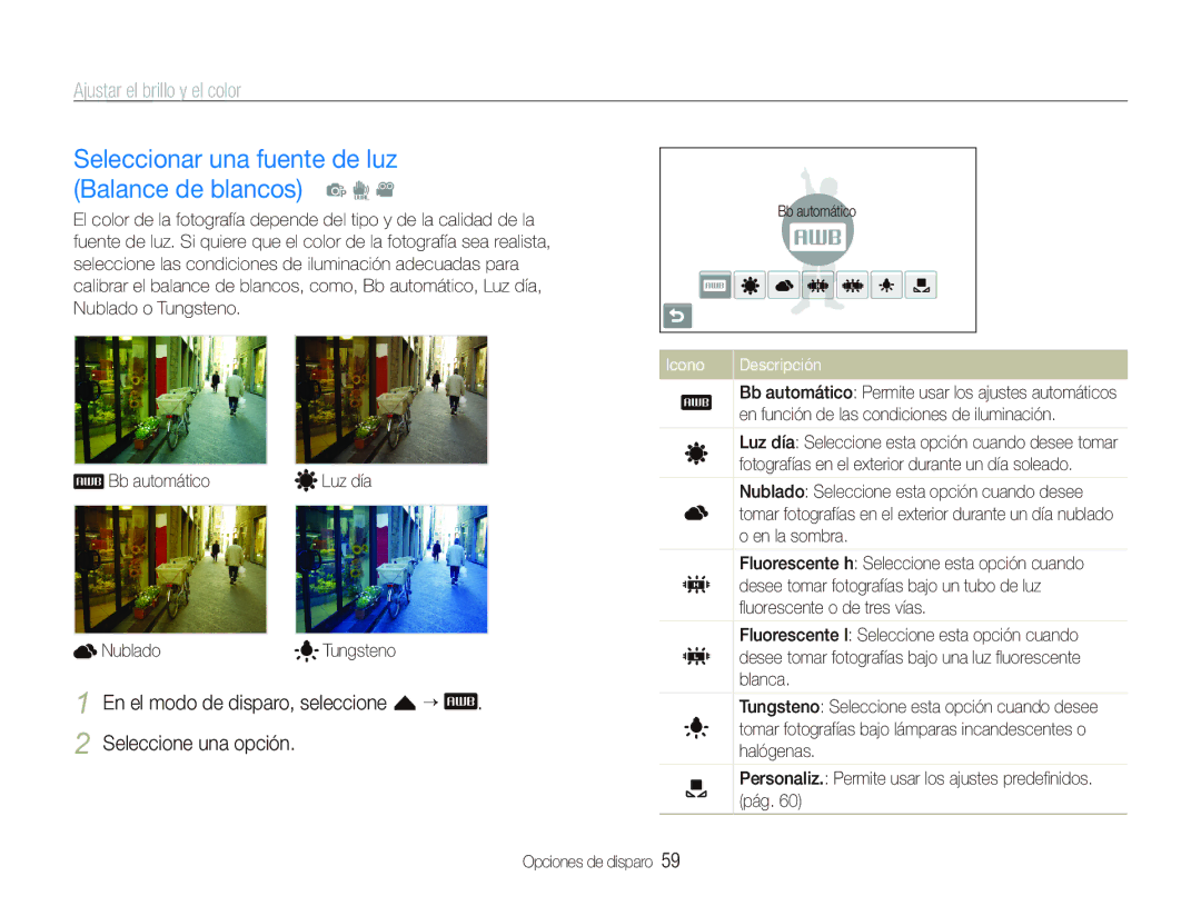 Samsung EC-ST1000BPBE1, EC-ST1000BPSE3, EC-ST1000BPGZA manual Seleccionar una fuente de luz Balance de blancos p d 