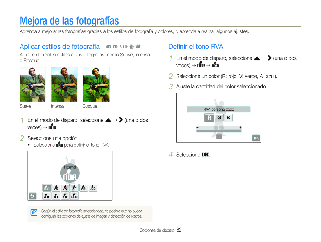 Samsung EC-ST1000BPBE1 manual Mejora de las fotografías, Aplicar estilos de fotografía a p s d, Deﬁnir el tono RVA 