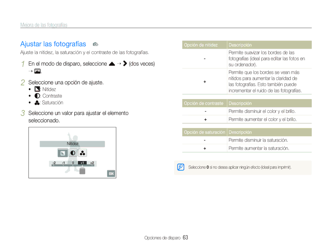 Samsung EC-ST1000BPSE3, EC-ST1000BPBE1 manual Ajustar las fotografías p, Mejora de las fotografías, Opción de nitidez 