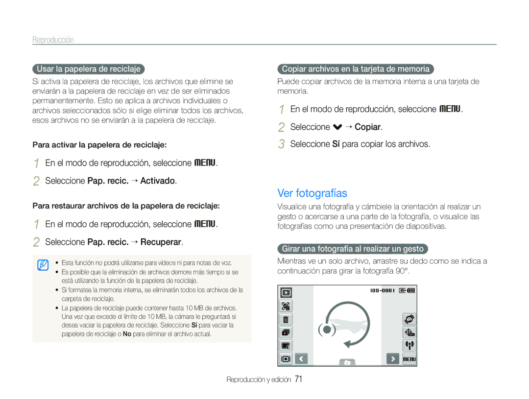 Samsung EC-ST1000BPBE1 manual Ver fotografías, Usar la papelera de reciclaje, Copiar archivos en la tarjeta de memoria 