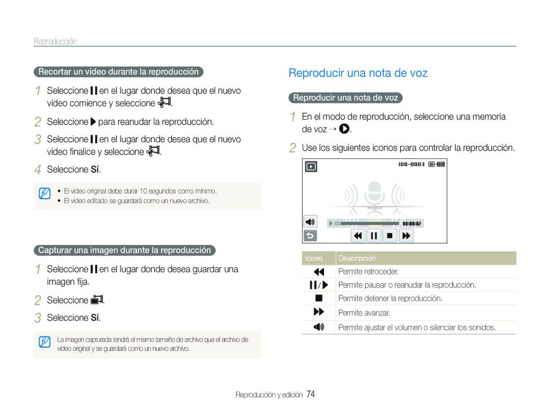 Samsung EC-ST1000BPBE1 manual Reproducir una nota de voz, Seleccione Sí, Recortar un vídeo durante la reproducción 