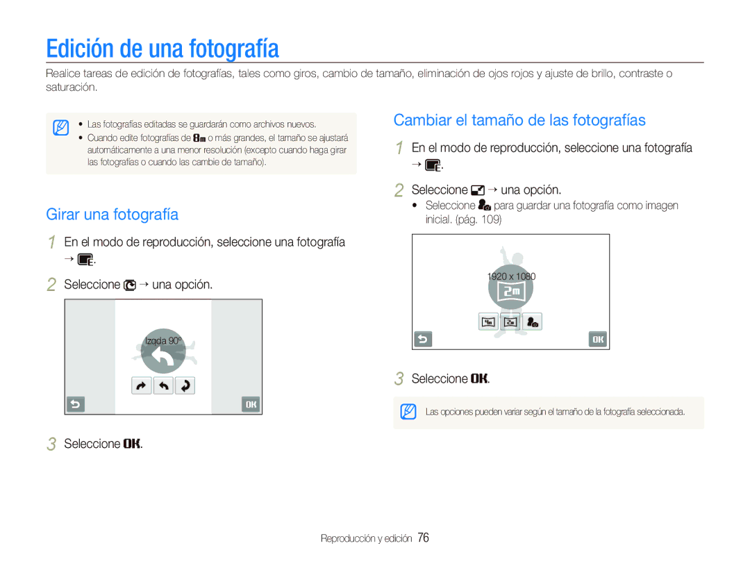 Samsung EC-ST1000BPGZA manual Edición de una fotografía, Girar una fotografía, Cambiar el tamaño de las fotografías 