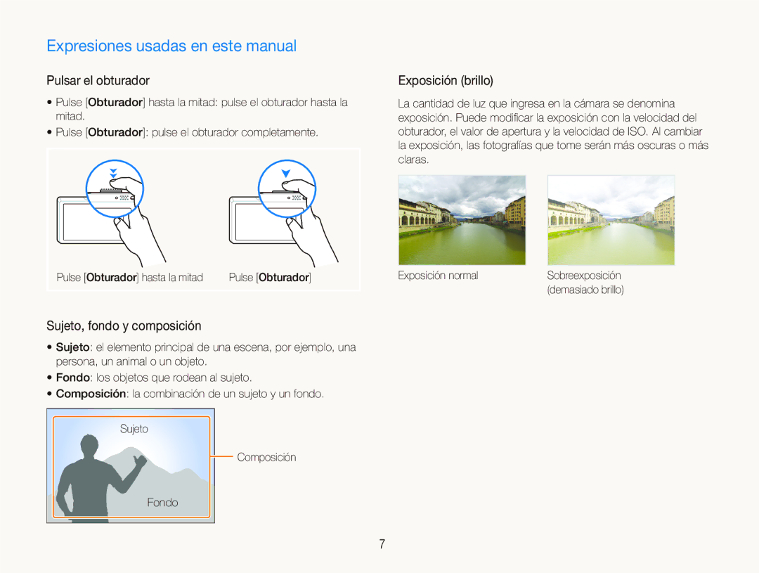 Samsung EC-ST1000BPGZA, EC-ST1000BPBE1 Expresiones usadas en este manual, Pulsar el obturador, Sujeto, fondo y composición 