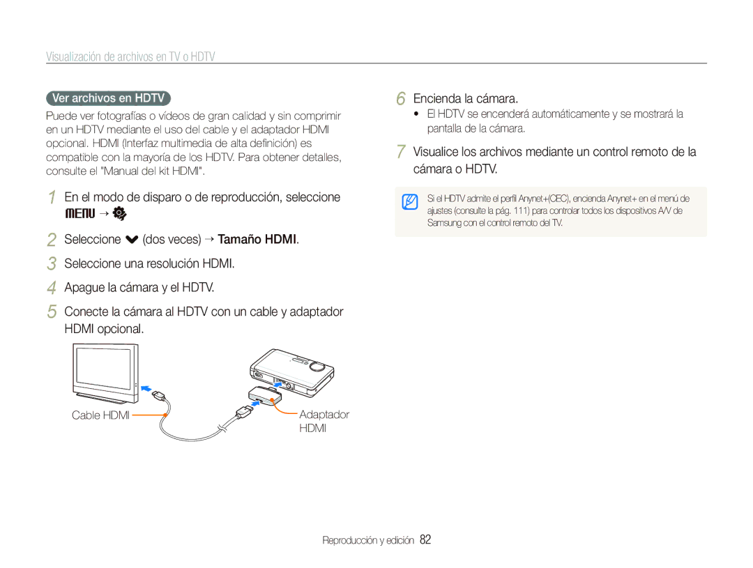 Samsung EC-ST1000BPGZA, EC-ST1000BPBE1 manual Visualización de archivos en TV o Hdtv, Ver archivos en Hdtv, Cable Hdmi 