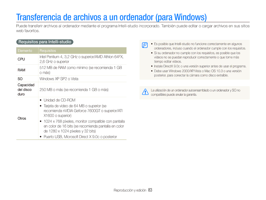 Samsung EC-ST1000BPBE1 manual Transferencia de archivos a un ordenador para Windows, Requisitos para Intelli-studio 