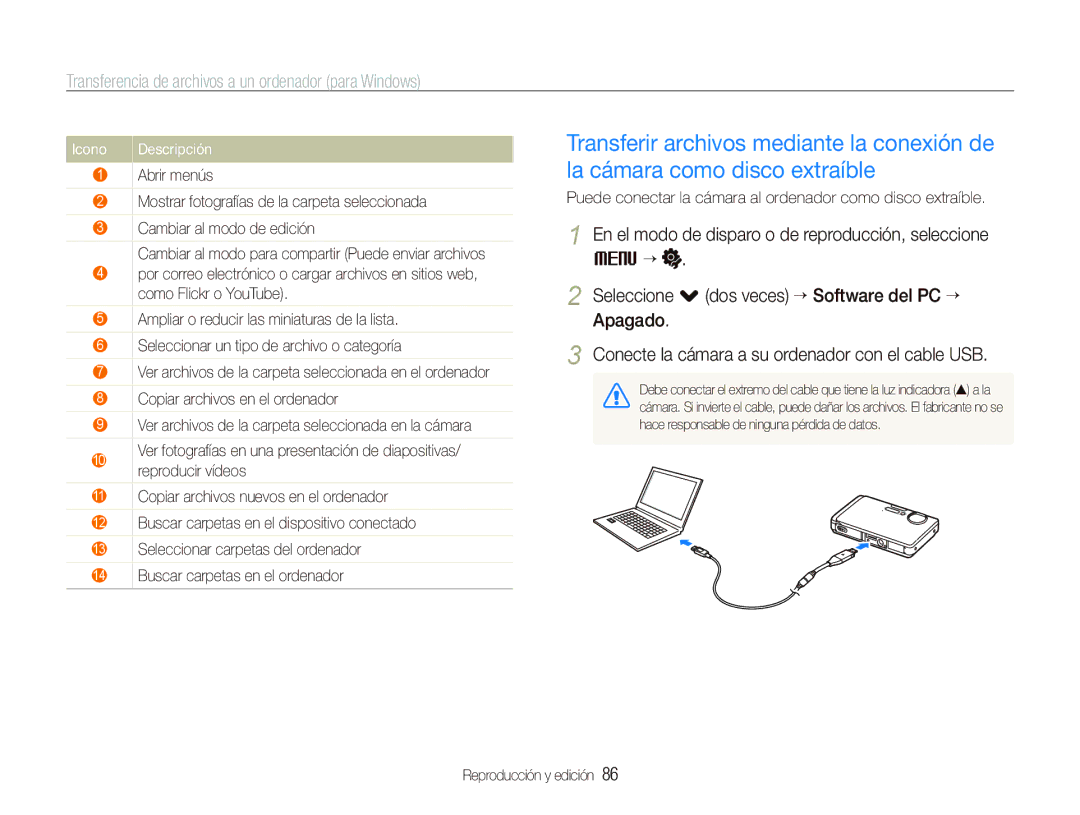 Samsung EC-ST1000BPBE1, EC-ST1000BPSE3, EC-ST1000BPGZA Icono, Puede conectar la cámara al ordenador como disco extraíble 