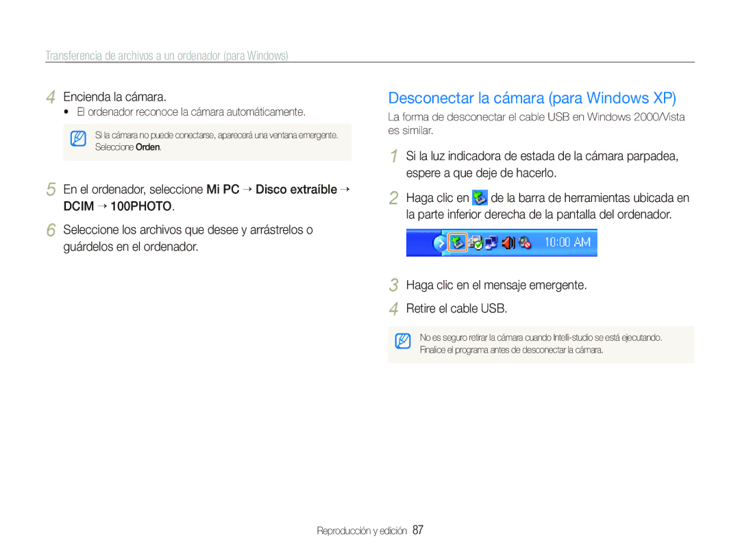 Samsung EC-ST1000BPSE3, EC-ST1000BPBE1, EC-ST1000BPGZA manual Desconectar la cámara para Windows XP, Encienda la cámara 