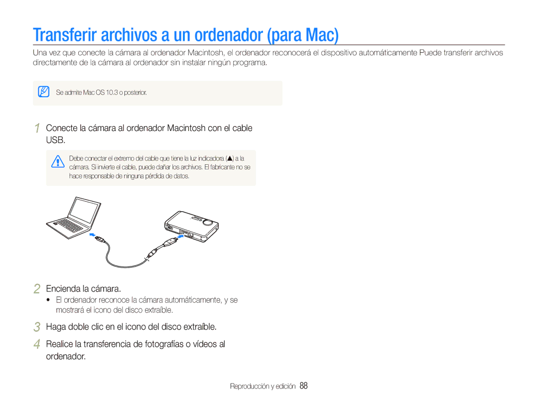 Samsung EC-ST1000BPGZA, EC-ST1000BPBE1, EC-ST1000BPSE3 manual Transferir archivos a un ordenador para Mac 