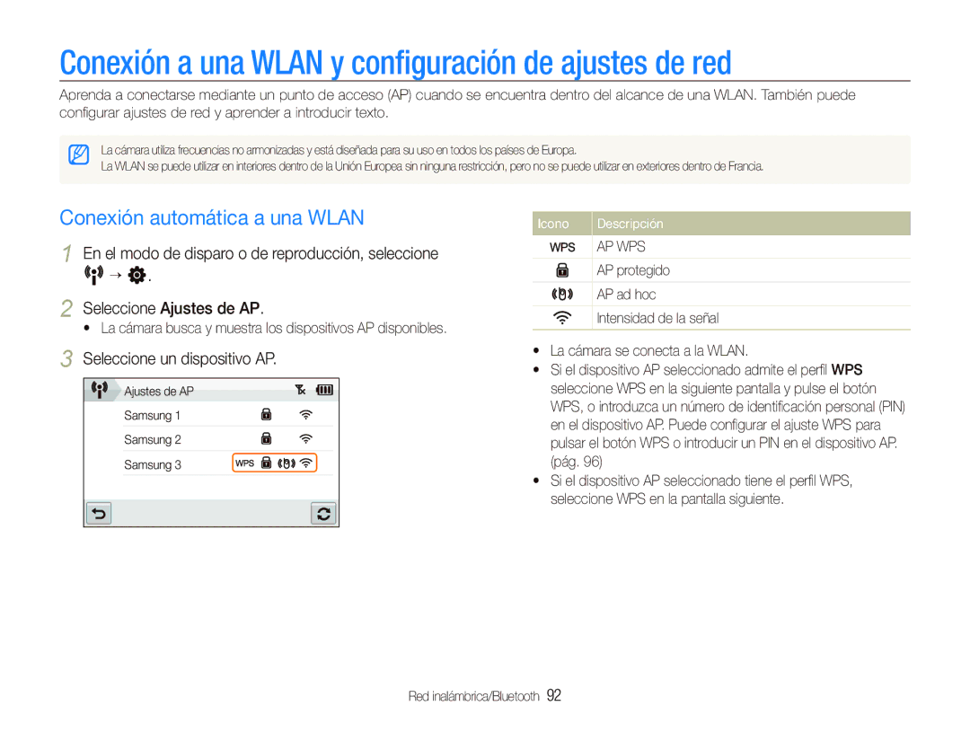 Samsung EC-ST1000BPBE1 manual Conexión a una Wlan y conﬁguración de ajustes de red, Conexión automática a una Wlan 