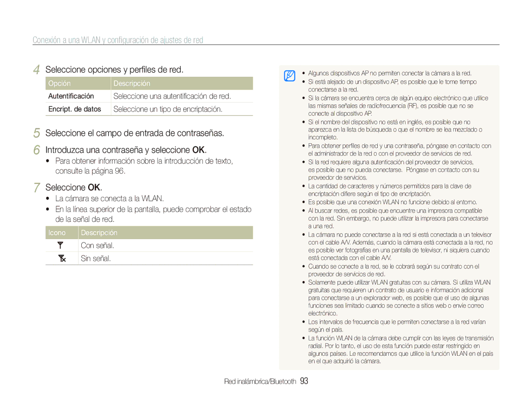 Samsung EC-ST1000BPSE3 manual Conexión a una Wlan y conﬁguración de ajustes de red, Seleccione opciones y perﬁles de red 