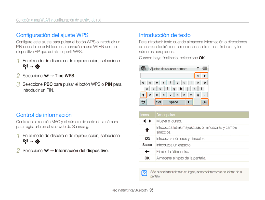 Samsung EC-ST1000BPSE3, EC-ST1000BPBE1 manual Conﬁguración del ajuste WPS, Control de información, Introducción de texto 