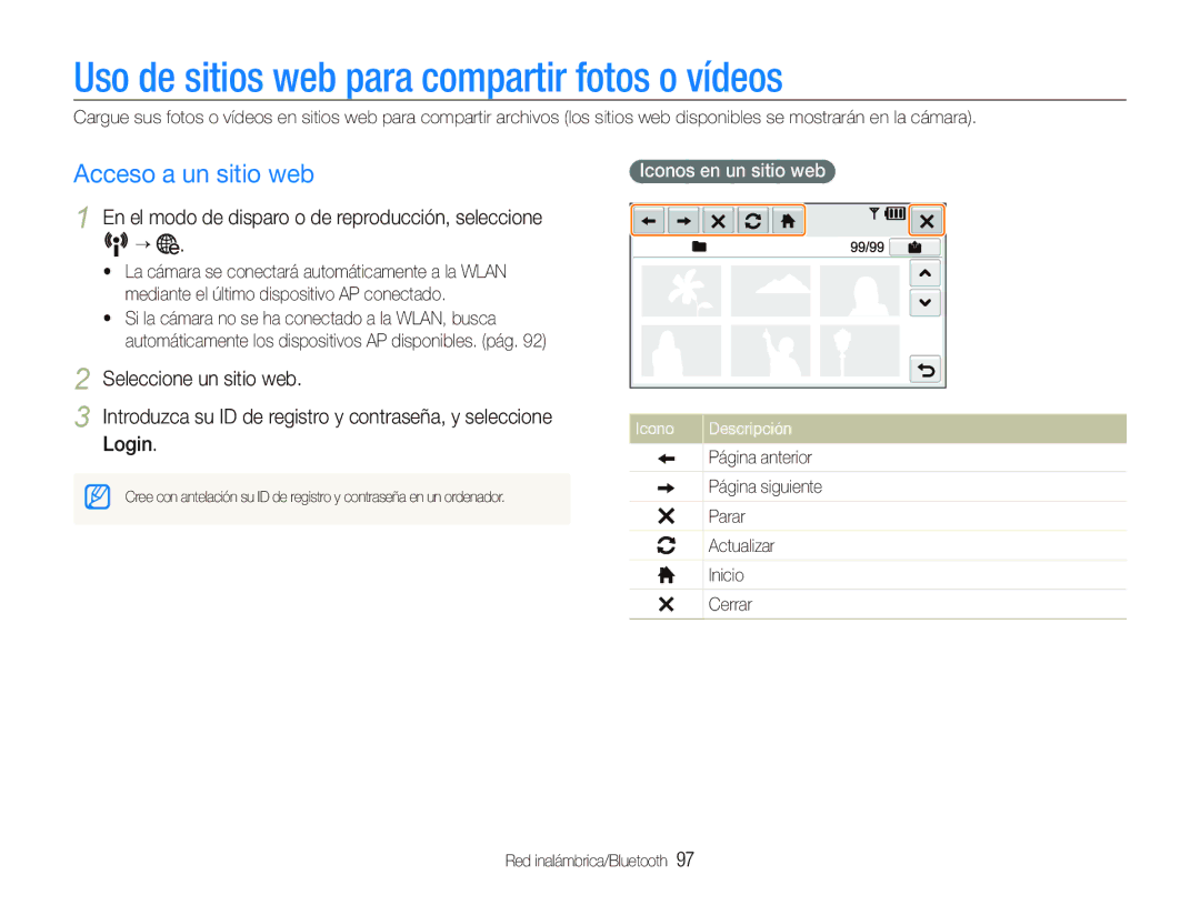 Samsung EC-ST1000BPGZA Uso de sitios web para compartir fotos o vídeos, Acceso a un sitio web, Iconos en un sitio web 