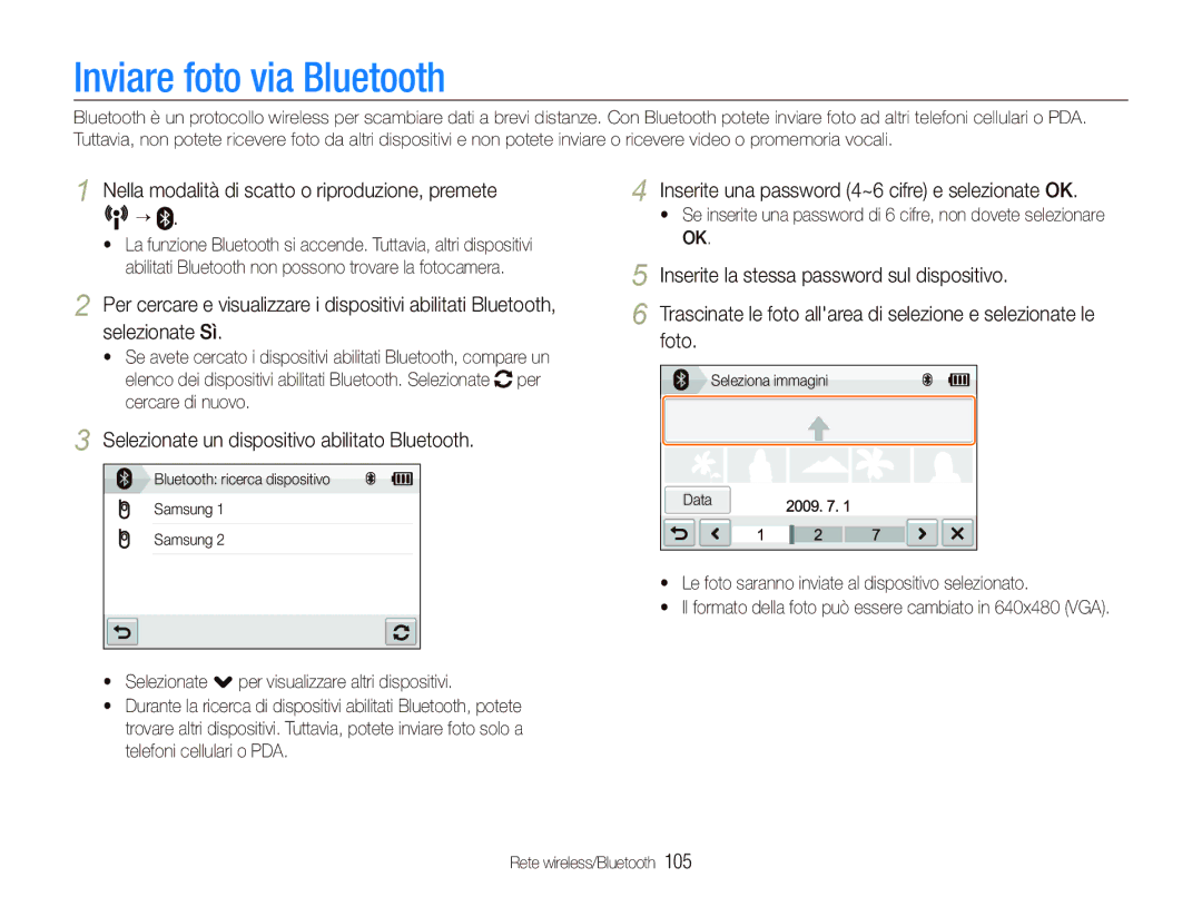 Samsung EC-ST1000BPBIT, EC-ST1000BPGIT manual Inviare foto via Bluetooth, Selezionate un dispositivo abilitato Bluetooth 