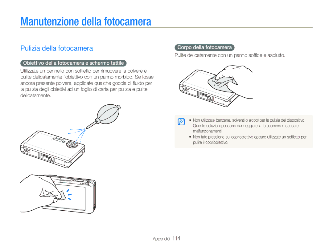 Samsung EC-ST1000BPGIT, EC-ST1000BPBIT Manutenzione della fotocamera, Pulizia della fotocamera, Corpo della fotocamera 