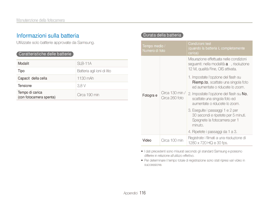 Samsung EC-ST1000BPGIT, EC-ST1000BPBIT Informazioni sulla batteria, Caratteristiche delle batterie Durata della batteria 