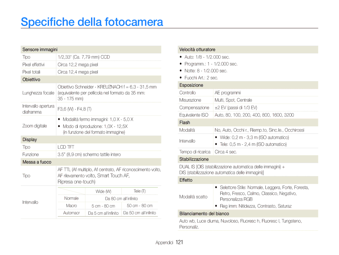 Samsung EC-ST1000BPBIT, EC-ST1000BPGIT manual Speciﬁche della fotocamera 