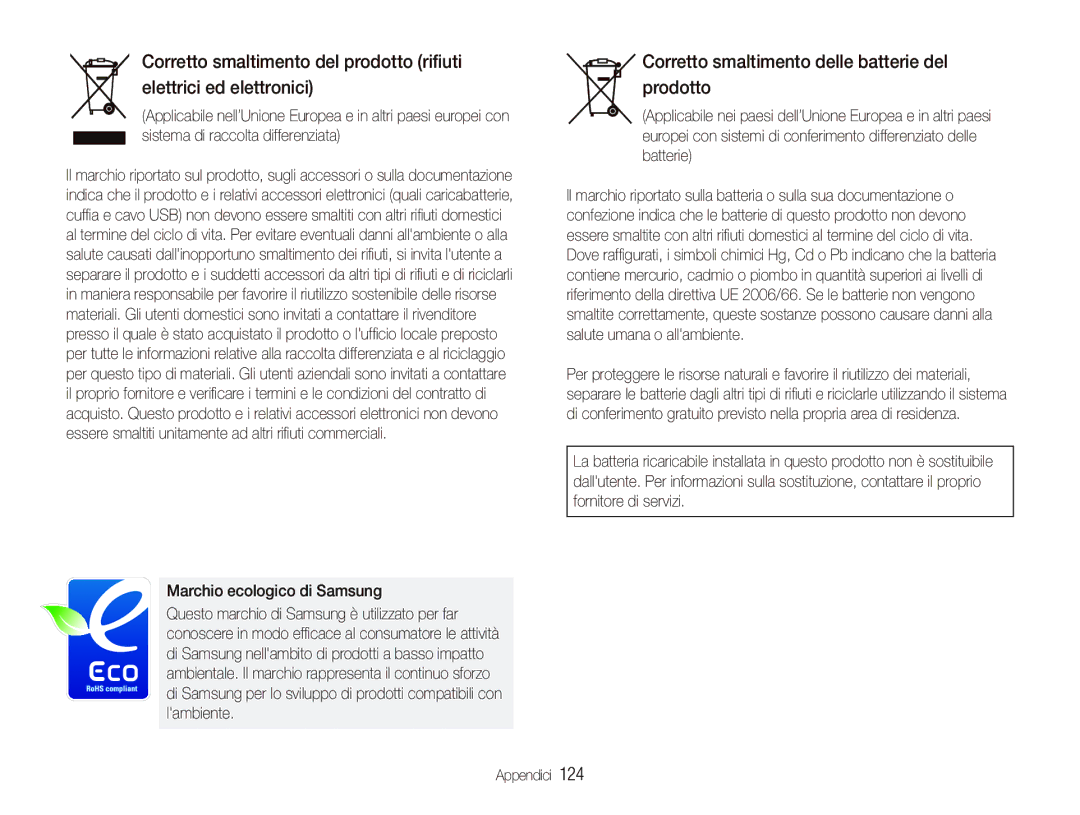 Samsung EC-ST1000BPGIT, EC-ST1000BPBIT manual Corretto smaltimento delle batterie del prodotto, Marchio ecologico di Samsung 