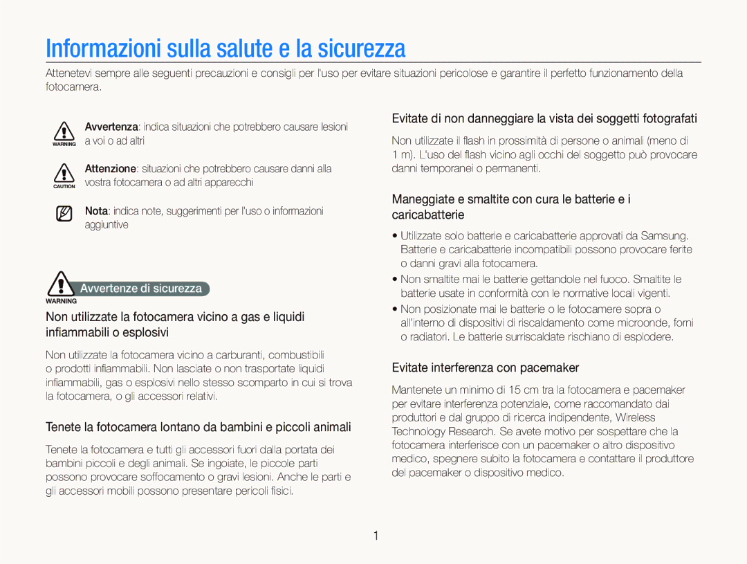 Samsung EC-ST1000BPBIT Informazioni sulla salute e la sicurezza, Tenete la fotocamera lontano da bambini e piccoli animali 