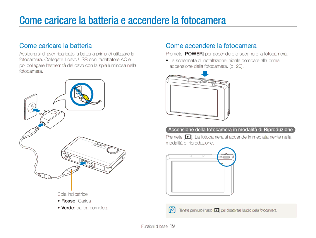 Samsung EC-ST1000BPBIT, EC-ST1000BPGIT Come caricare la batteria e accendere la fotocamera, Come accendere la fotocamera 