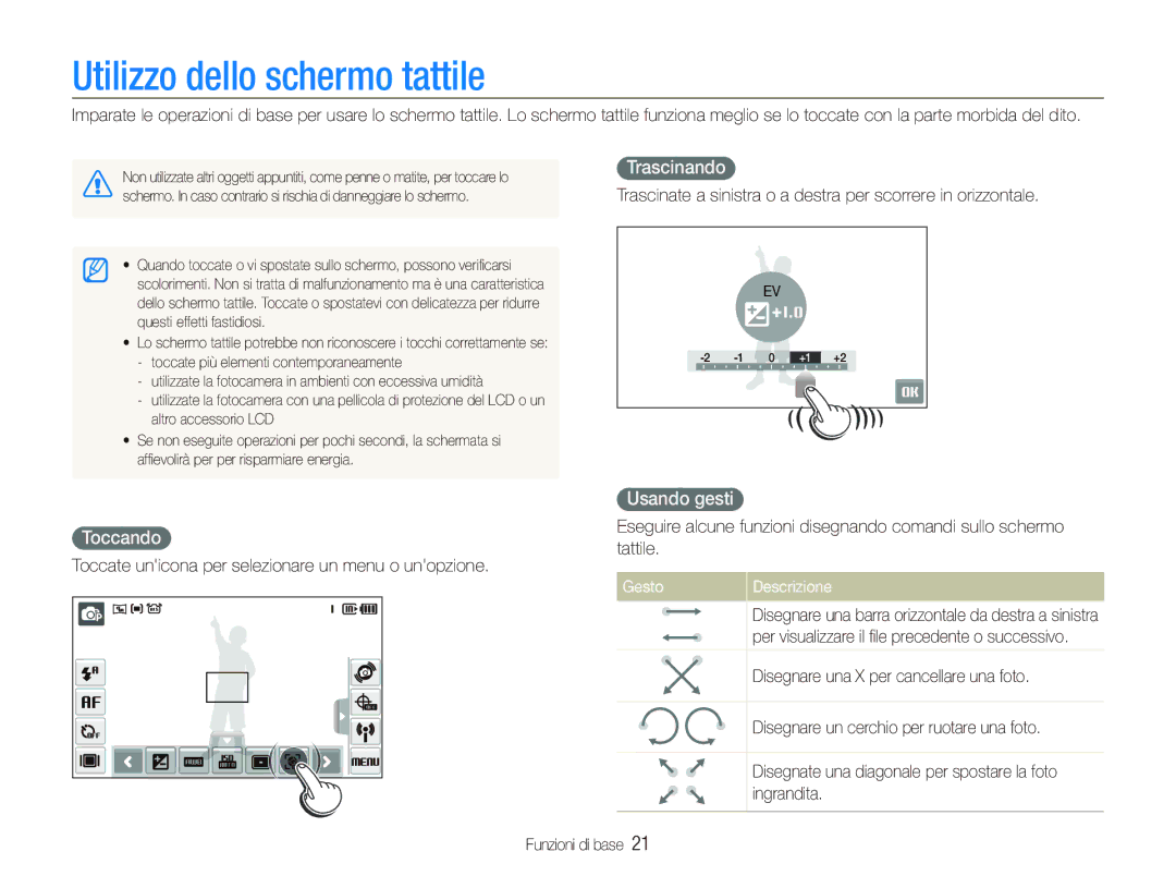 Samsung EC-ST1000BPBIT manual Utilizzo dello schermo tattile, Trascinando, Toccando, Usando gesti, Gesto Descrizione 