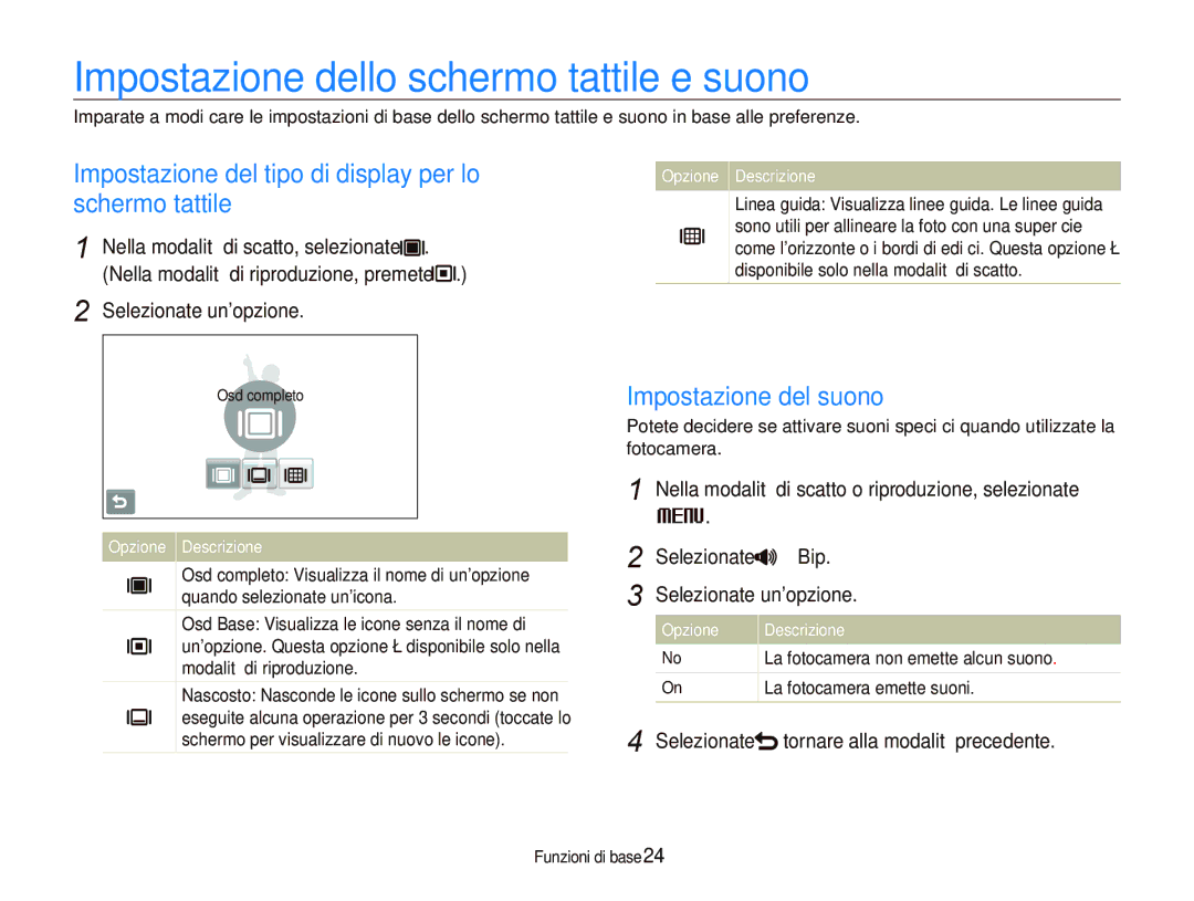 Samsung EC-ST1000BPGIT Impostazione dello schermo tattile e suono, Impostazione del tipo di display per lo schermo tattile 