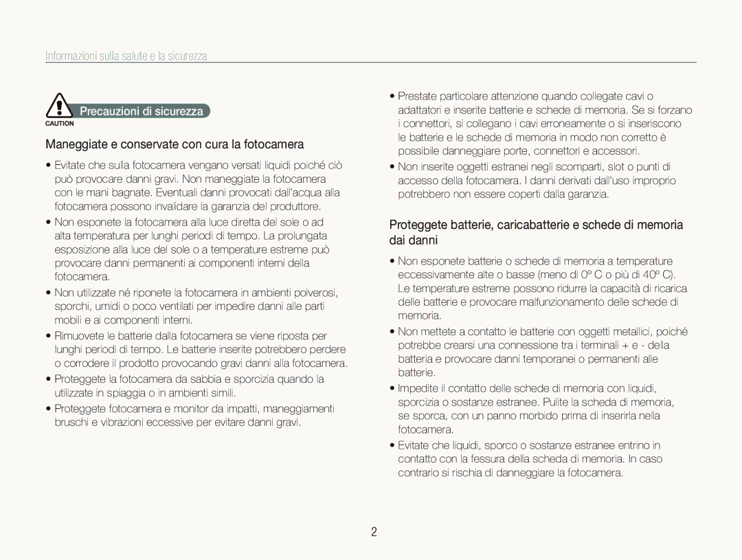 Samsung EC-ST1000BPGIT manual Informazioni sulla salute e la sicurezza, Maneggiate e conservate con cura la fotocamera 