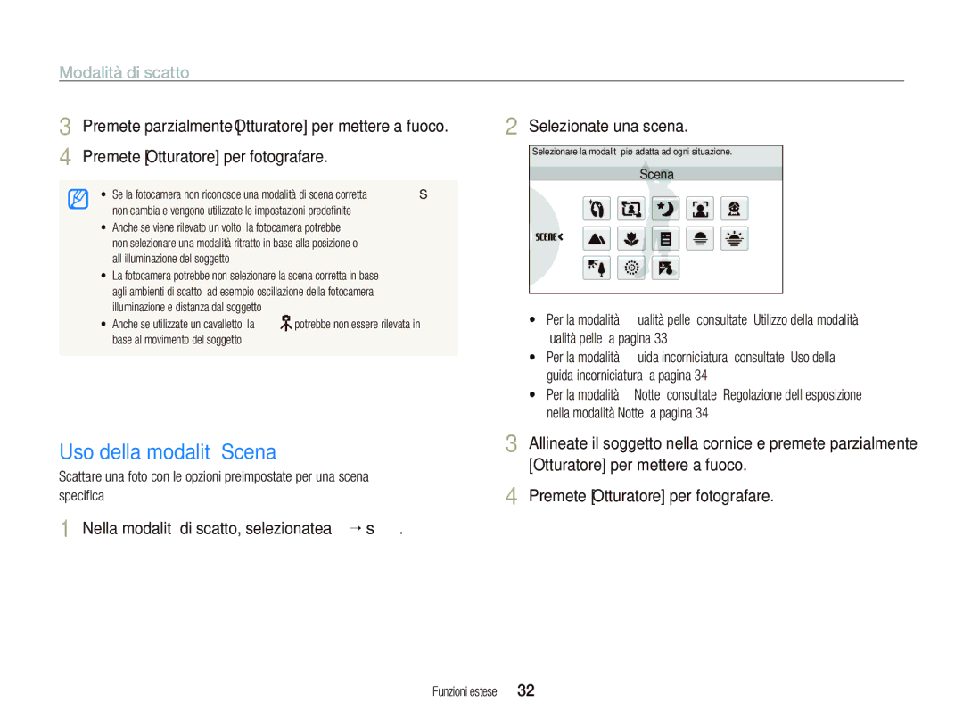 Samsung EC-ST1000BPGIT, EC-ST1000BPBIT manual Uso della modalità Scena, Modalità di scatto, Selezionate una scena 