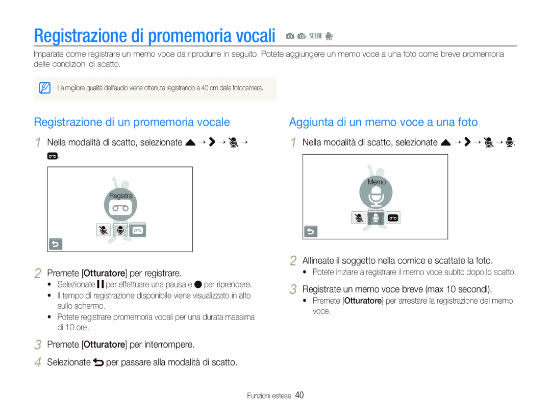 Samsung EC-ST1000BPGIT, EC-ST1000BPBIT Registrazione di promemoria vocali a p s d, Registrazione di un promemoria vocale 