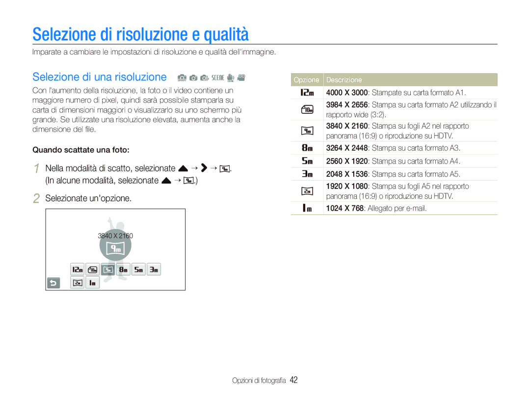 Samsung EC-ST1000BPGIT, EC-ST1000BPBIT manual Selezione di risoluzione e qualità, Selezione di una risoluzione S a p s d 