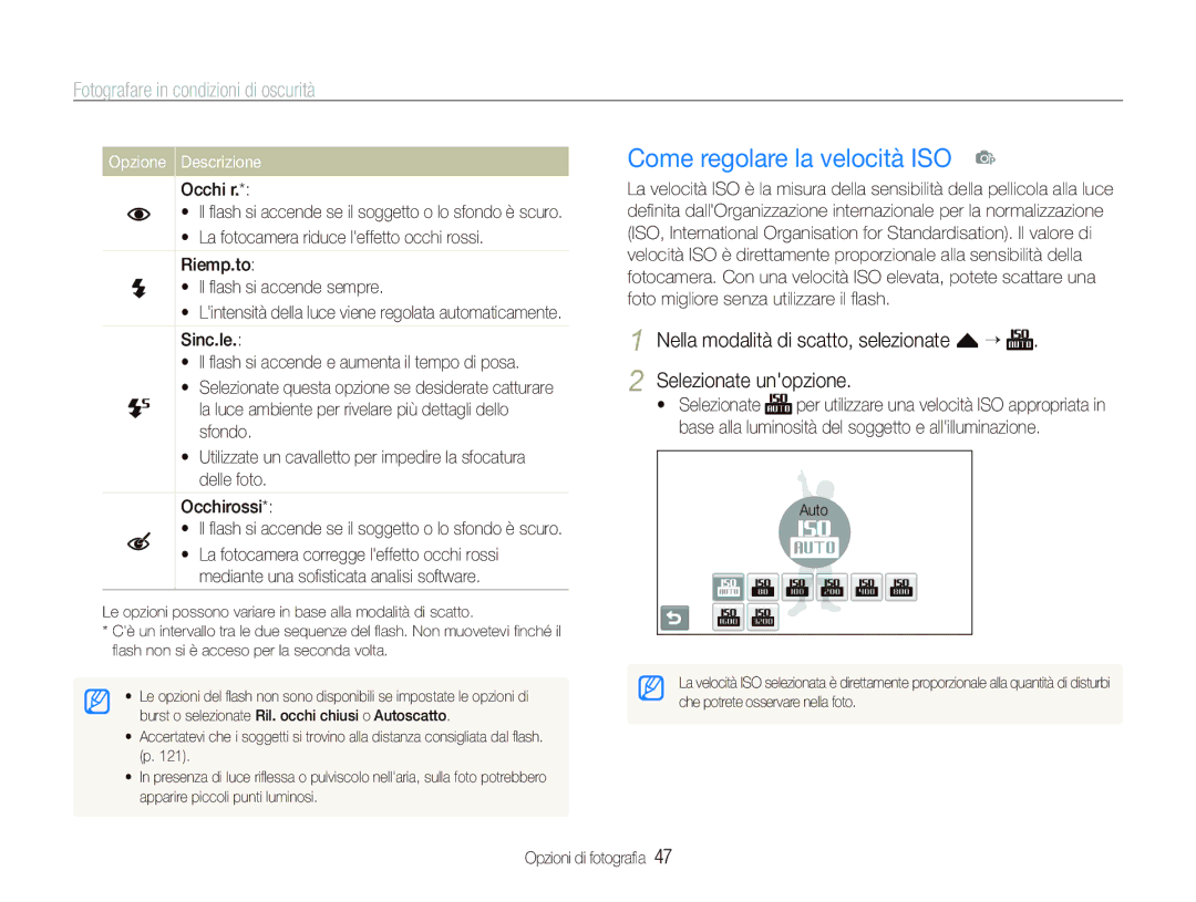 Samsung EC-ST1000BPBIT, EC-ST1000BPGIT Come regolare la velocità ISO p, Fotografare in condizioni di oscurità, Occhi r 