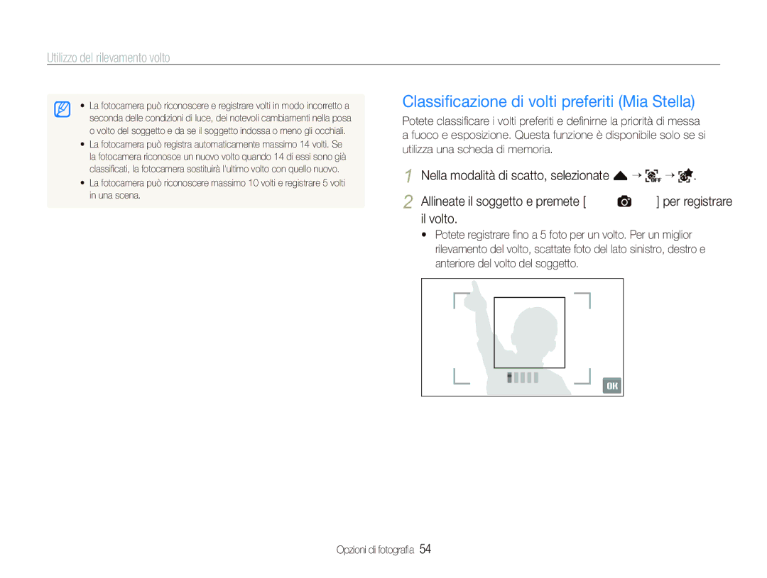 Samsung EC-ST1000BPGIT, EC-ST1000BPBIT manual Classiﬁcazione di volti preferiti Mia Stella, Il volto 