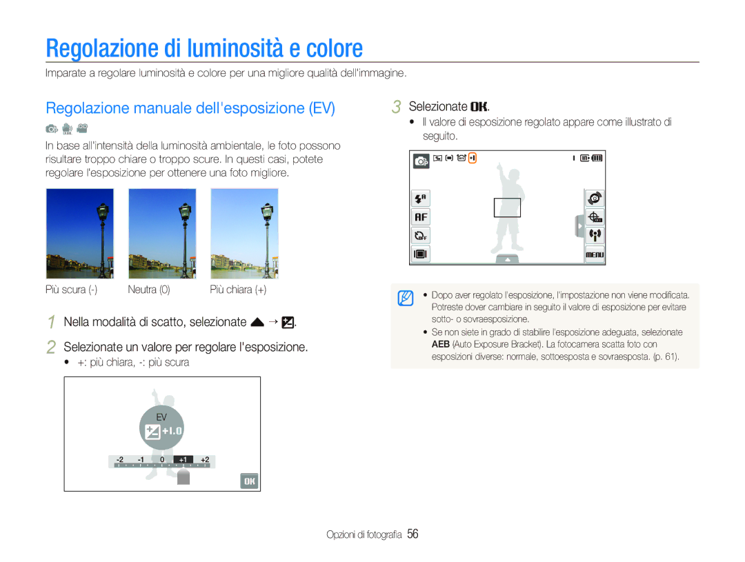 Samsung EC-ST1000BPGIT, EC-ST1000BPBIT Regolazione di luminosità e colore, Regolazione manuale dellesposizione EV 