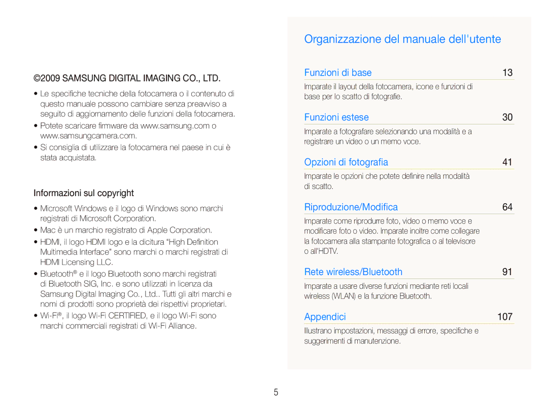 Samsung EC-ST1000BPBIT, EC-ST1000BPGIT Organizzazione del manuale dellutente, Informazioni sul copyright, 107 