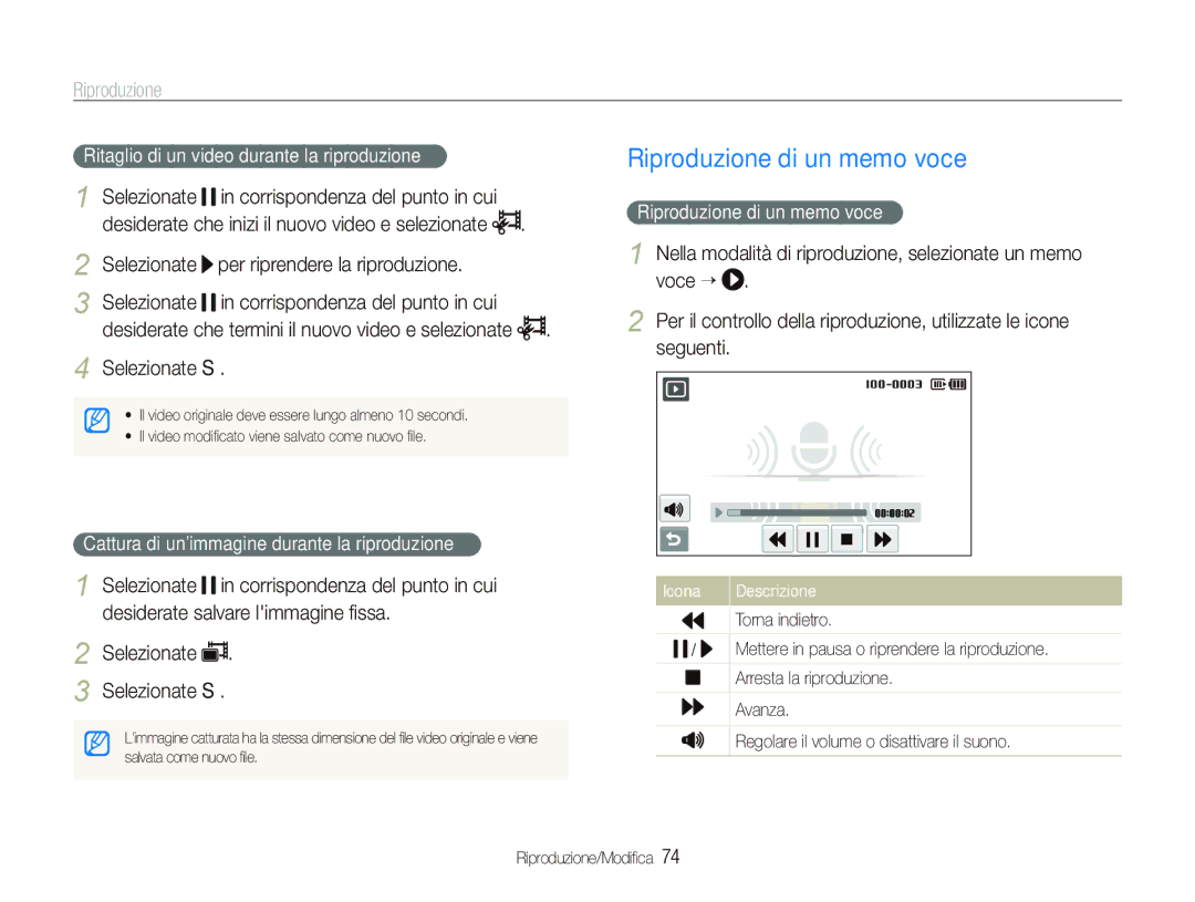 Samsung EC-ST1000BPGIT manual Selezionate Per riprendere la riproduzione, Selezionate Sì, Riproduzione di un memo voce 