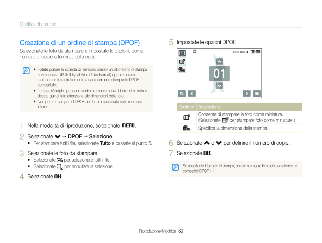 Samsung EC-ST1000BPGIT Creazione di un ordine di stampa Dpof, Impostate le opzioni Dpof, Selezionate le foto da stampare 