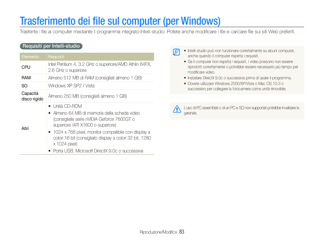 Samsung EC-ST1000BPBIT Trasferimento dei ﬁle sul computer per Windows, Requisiti per Intelli-studio, Elemento Requisiti 