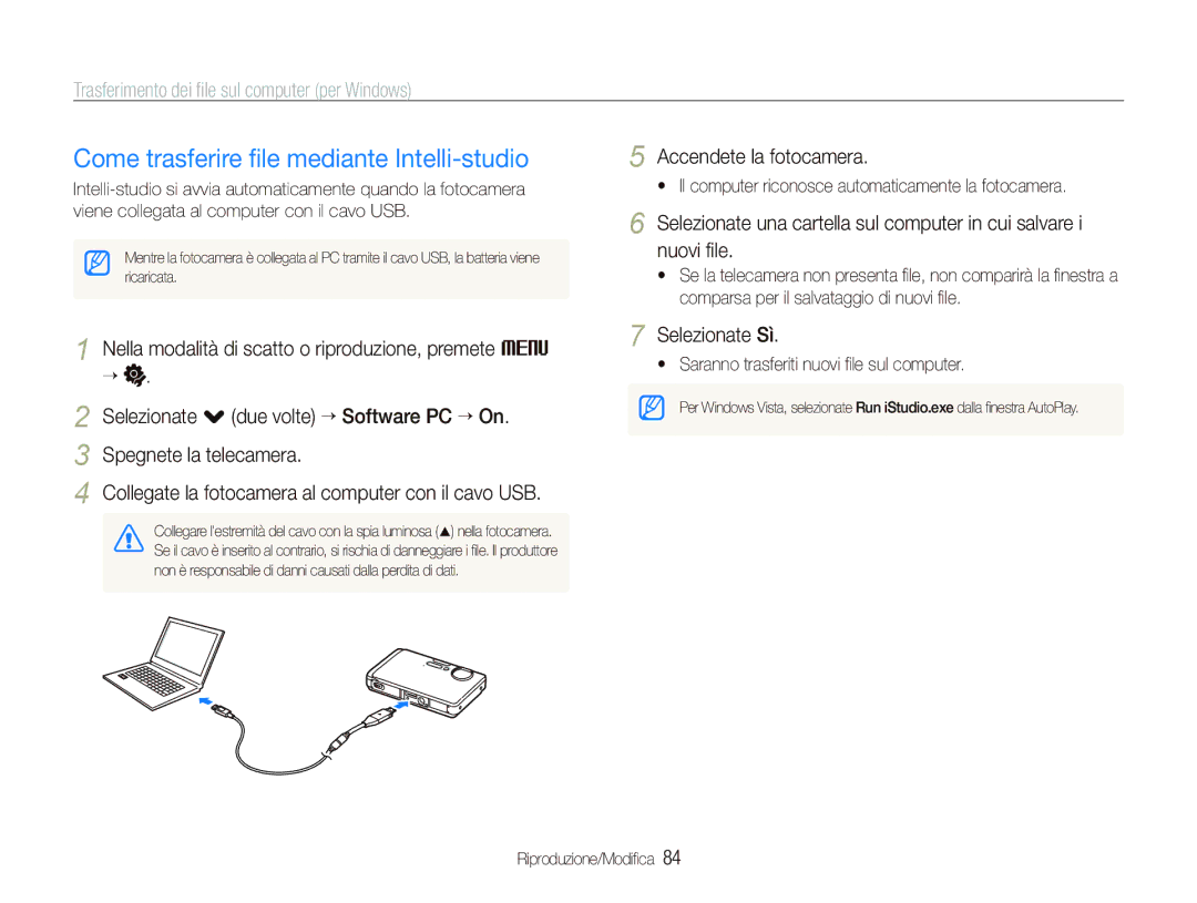 Samsung EC-ST1000BPGIT manual Come trasferire ﬁle mediante Intelli-studio, Trasferimento dei ﬁle sul computer per Windows 