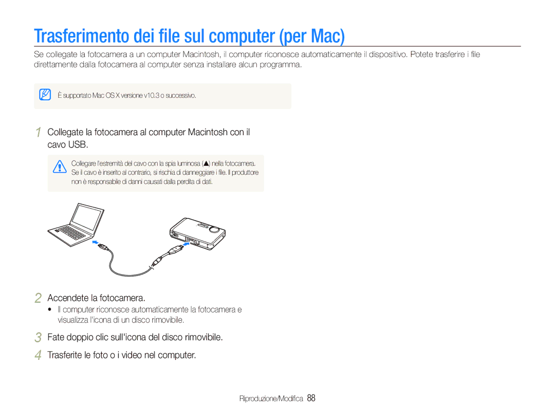 Samsung EC-ST1000BPGIT, EC-ST1000BPBIT manual Trasferimento dei ﬁle sul computer per Mac 