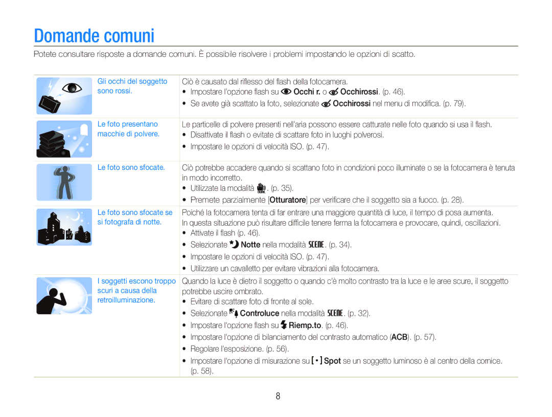 Samsung EC-ST1000BPGIT manual Domande comuni, Occhirossi nel menu di modiﬁca. p,  Impostare le opzioni di velocità ISO. p 