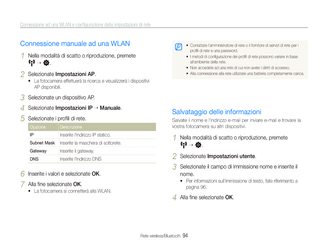 Samsung EC-ST1000BPGIT, EC-ST1000BPBIT Connessione manuale ad una Wlan, Salvataggio delle informazioni 